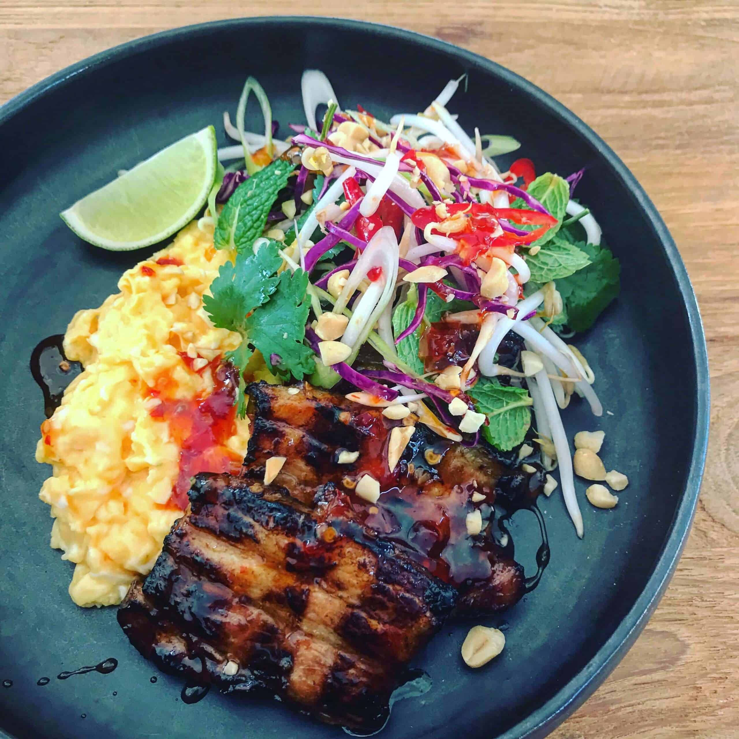 Asian glazed pork belly, eggs & slaw - AnotherFoodBlogger