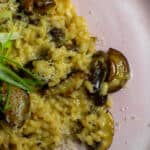 wild mushroom risotto on a pink plate