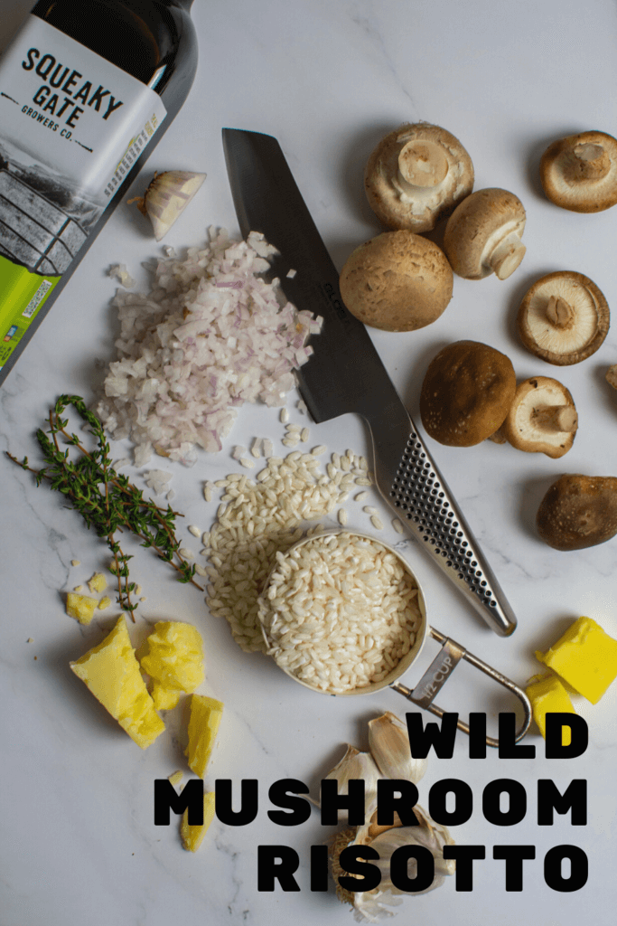 ingredients for wild mushroom risotto on kitchen counter top