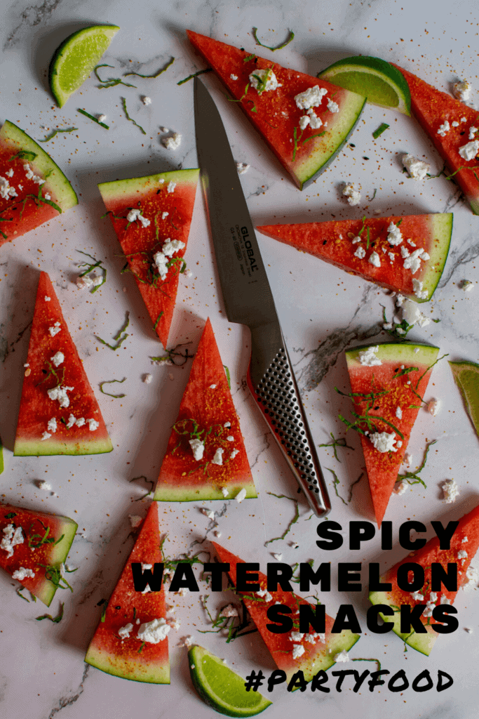 watermelon topped with togaroshi, mint & feta. Global GS-60 knife