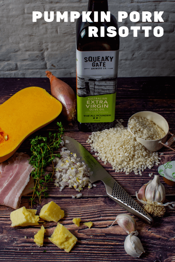 squeaky gate olive oil, pumpkin, bacon, risotto rice & a global chef knife on a table