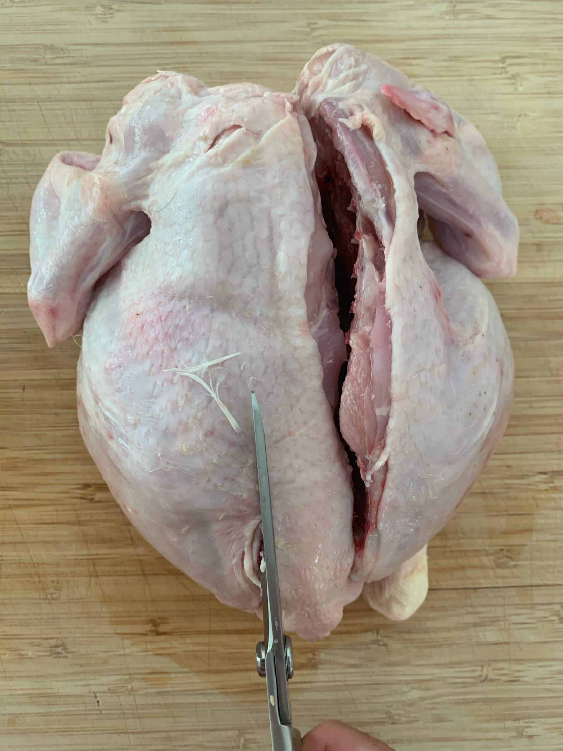 a whole chicken being spatchcocked