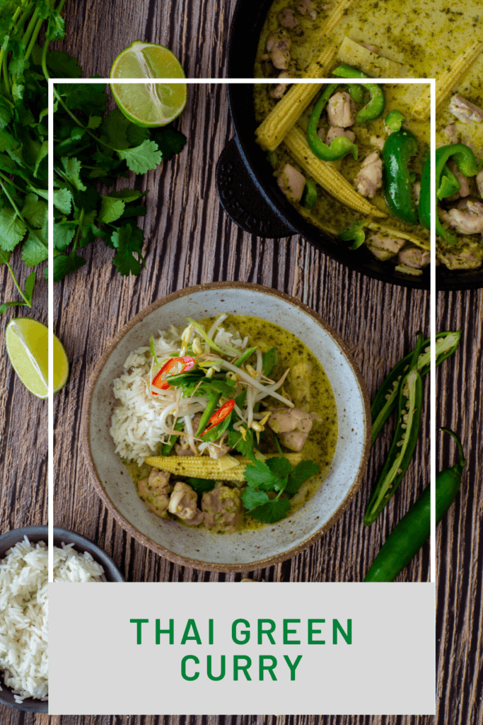 thai green curry, rice and vegetables on a plate