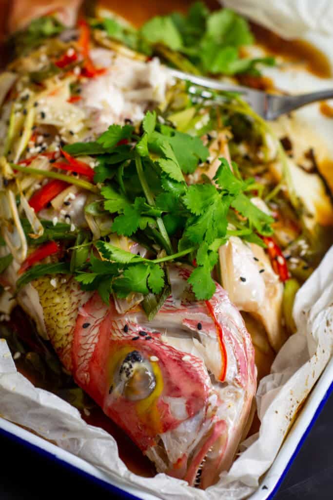 whole fish cooked en papillotte w/ Asian aromatics
