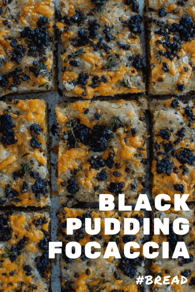 Slices of black pudding and cheddar cheese focaccia