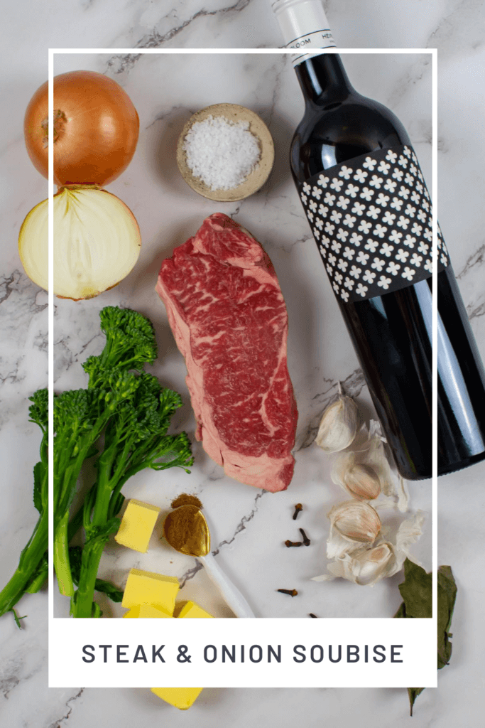 steak & onion soubise ingredients on kitchen counter