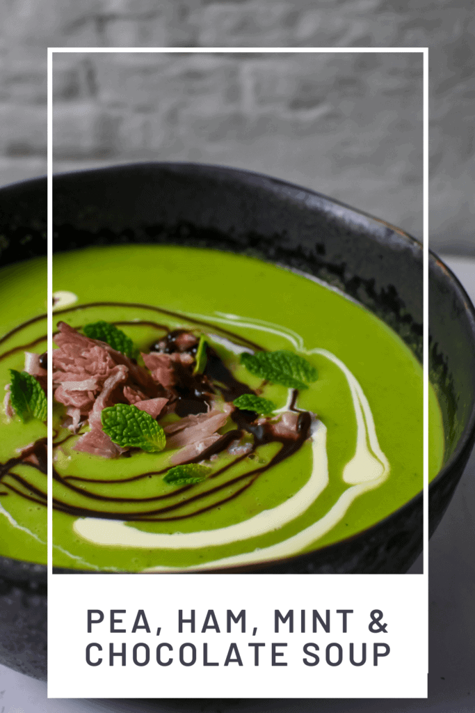 A bowl of pea & ham soup on kitchen countertop