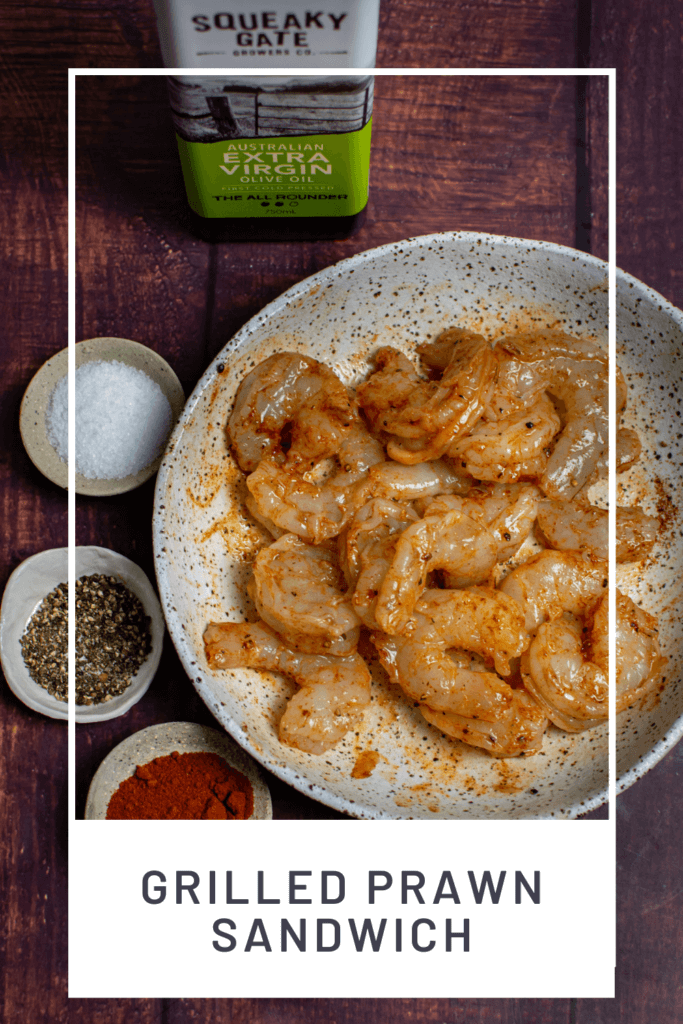 marinated prawns in a bowl, spices and squeaky gate olive oil