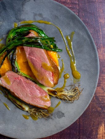 perfectly cooked duck breast, carrot puree & orange sauce on a made of australia plate
