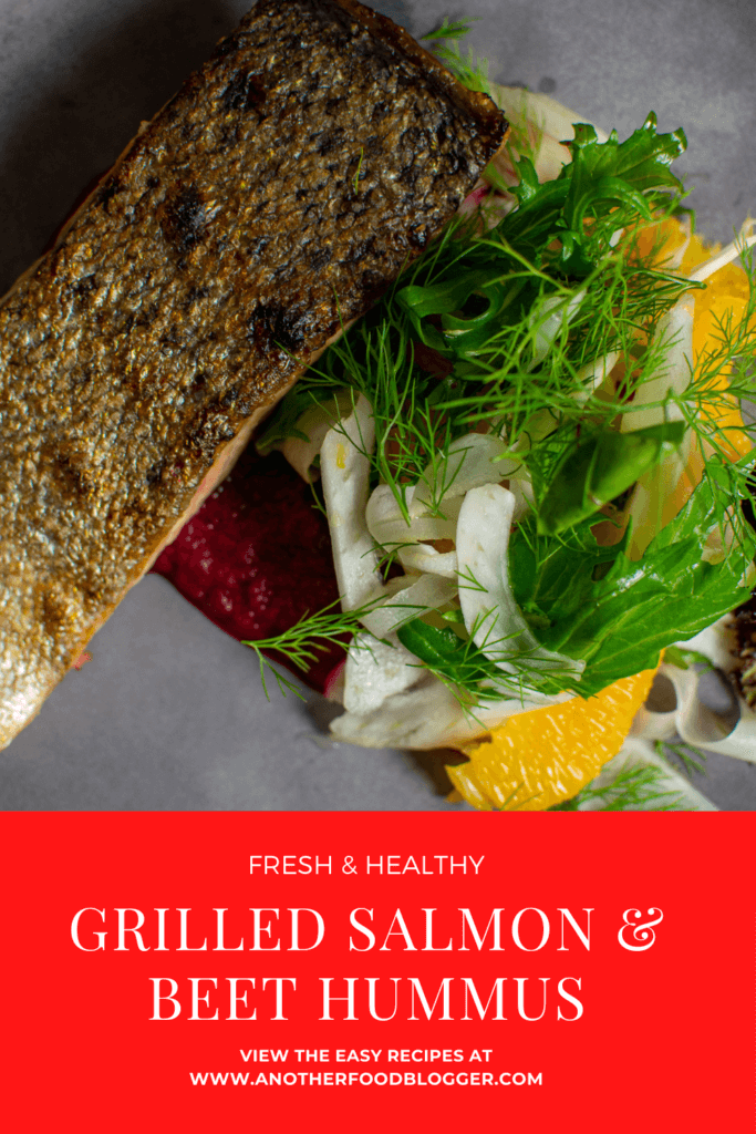 grilled salmon, beetroot hummus & fennel salad on a made of australia plate