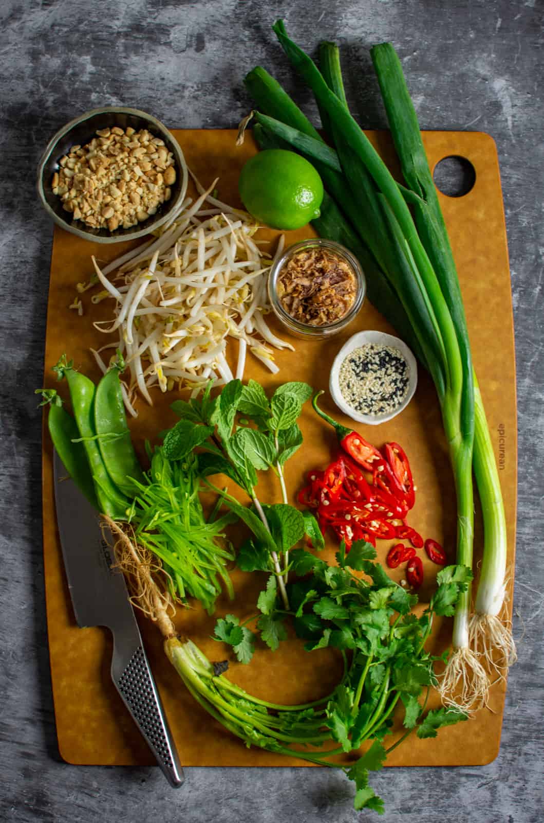 beansprout salad ingredients on a chopping board 