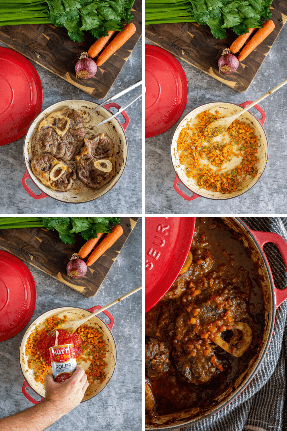 Step by step images of beef ossobuco being cooked 