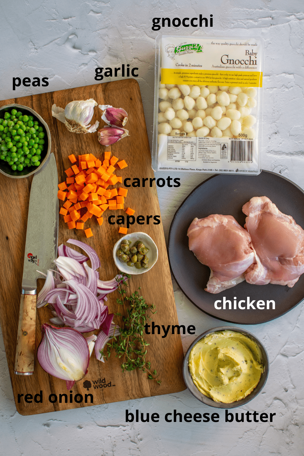 Birdseye view of ingredients needed to make chicken gnocchi & blue cheese butter 