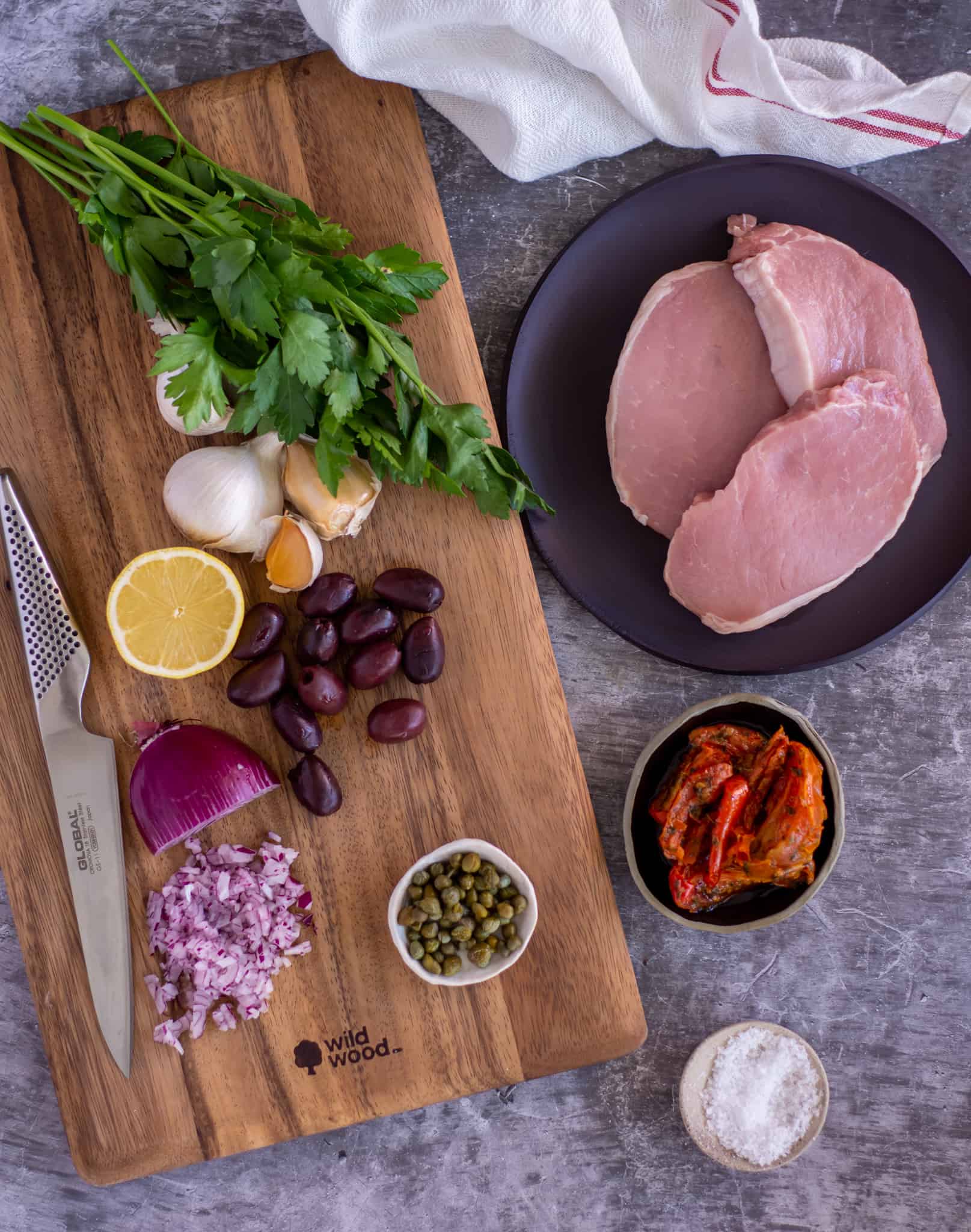 birdseye view of ingredients to make Mediterranean pork chops